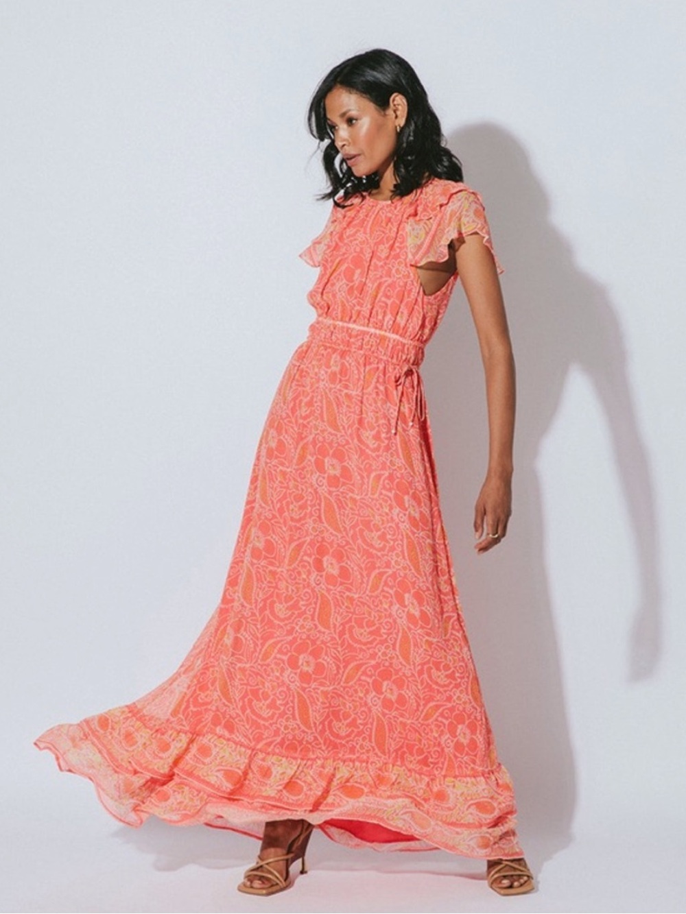 Cleobella Hanna Tiered Maxi Dress Blossom Floral Print Coral XS Cottagecore Boho